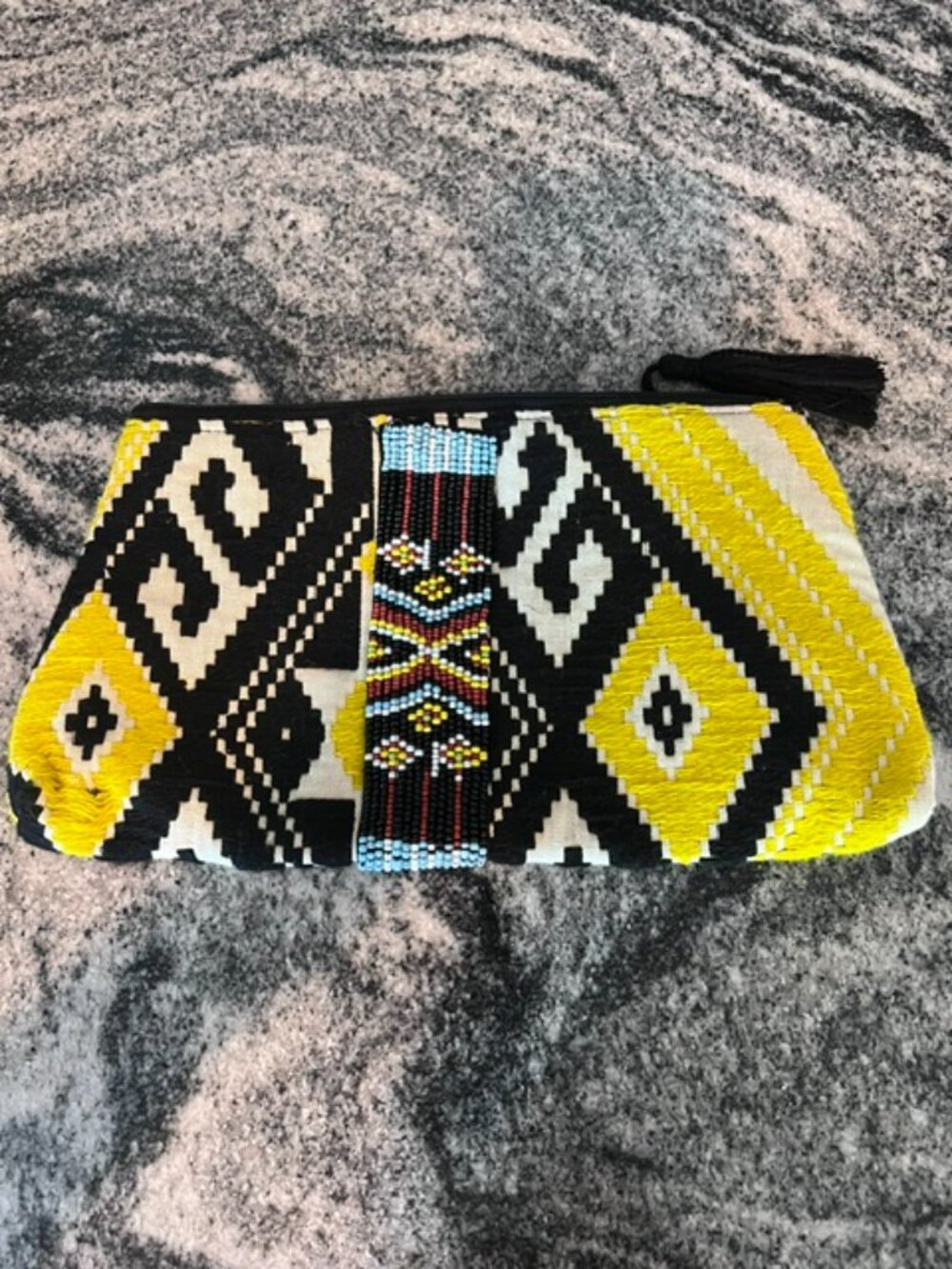 BOHO Style woven clutch cosmetic bag handcrafted Aztec Tribal beaded w/ tassel